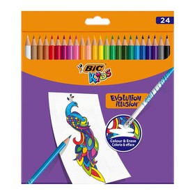 Карандаши 24 цвета, круглые, BIC Kids Evolution Illusion, пластиковые, стираемые, премиум, ударопрочный грифель 2.8 мм, картонная упаковка