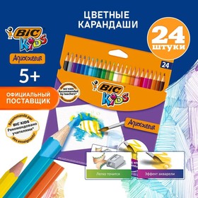 Карандаши акварельные 24 цвета, BIC Aquacouleur, детские, шестигранные, деревянные, премиум с кисточкой