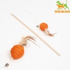 Дразнилка "Сизалевый шар" с перьями и бубенчиком, на деревянной ручке, 40 см, оранжевый шар - фото 2118566