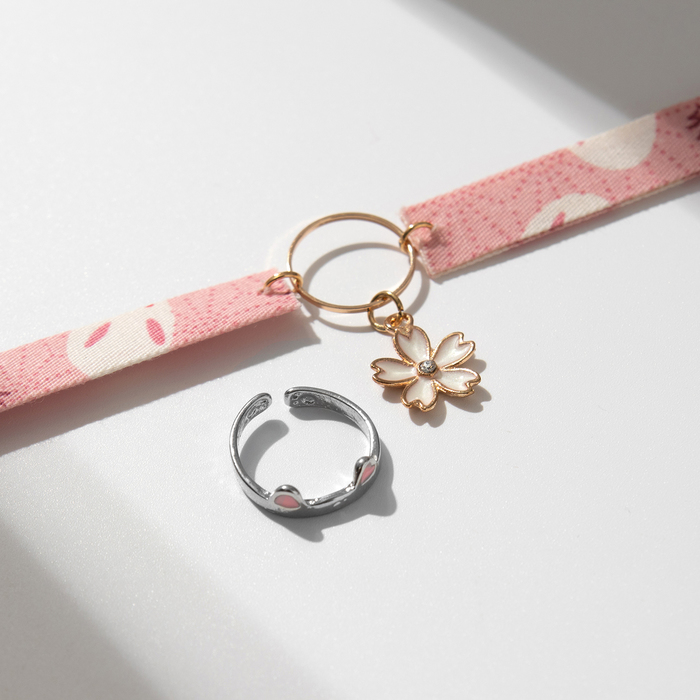 Набор 2 предмета: кольцо, чокер «Япония» милый, цвет бело-розовый в серебристо-золотом металле, 30 см - Фото 1