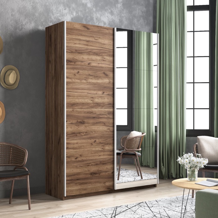 Шкаф-купе «Прайм», 1400×570×2300 мм, 2-х дверный, ЛДСП / зеркало, цвет дуб табачный - Фото 1