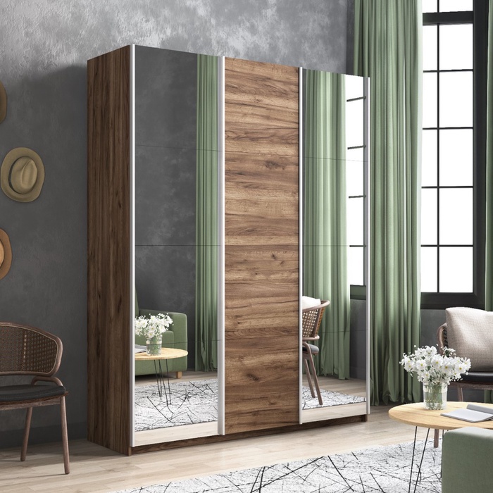 Шкаф-купе «Прайм», 2100×570×2300 мм, 3-х дверный, 2 зеркала / ЛДСП, цвет дуб табачный - Фото 1