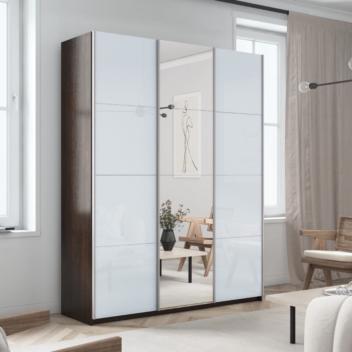 Шкаф-купе «Прайм», 1800×570×2300 мм, 3-х дверный, 2 белых стекла / зеркало, цвет венге - Фото 1