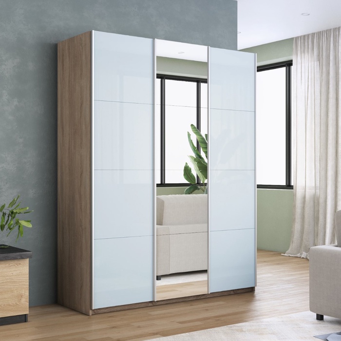 Шкаф – купе «Прайм», 3 двери, 2 стекла, с зеркалом, 2100×570×2300 мм, цвет белый/сонома - Фото 1