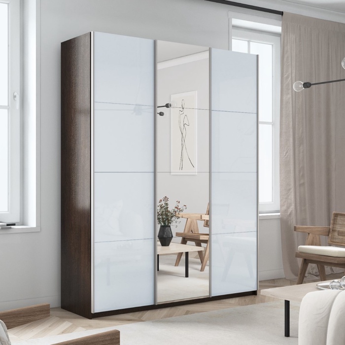 Шкаф-купе «Прайм», 2100×570×2300 мм, 3-х дверный, 2 белых стекла / зеркало, цвет венге - Фото 1