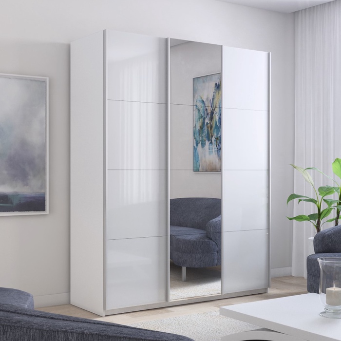 Шкаф-купе «Прайм», 2100×570×2300 мм, 3-х дверный, 2 белых стекла/зеркало, цвет белый снег - Фото 1