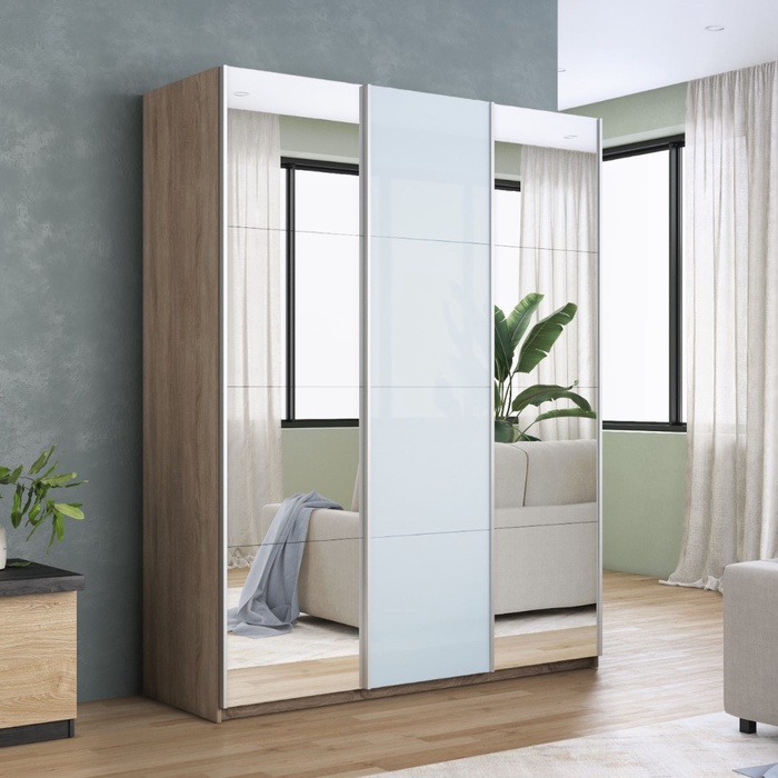 Шкаф-купе «Прайм», 1800×570×2300 мм, 3-х дверный, 2 зеркала / белое стекло, цвет сонома - Фото 1