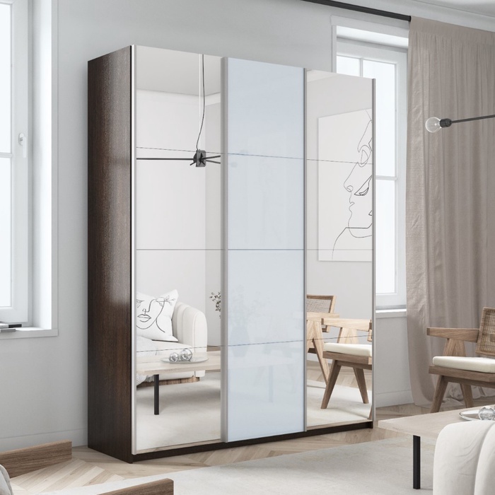 Шкаф-купе «Прайм», 1800×570×2300 мм, 3-х дверный, 2 зеркала / белое стекло, цвет венге - Фото 1