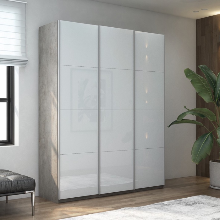 Шкаф-купе «Прайм», 2100×570×2300 мм, 3-х дверный, белое стекло, цвет бетон - Фото 1