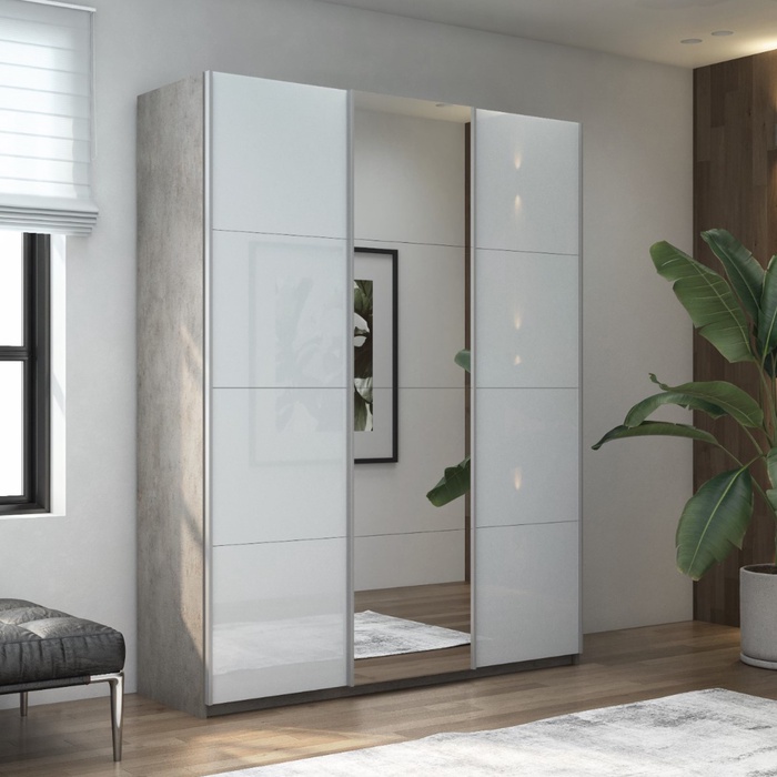 Шкаф-купе «Прайм», 2100×570×2300 мм, 3-х дверный, 2 белых стекла / зеркало, цвет бетон - Фото 1