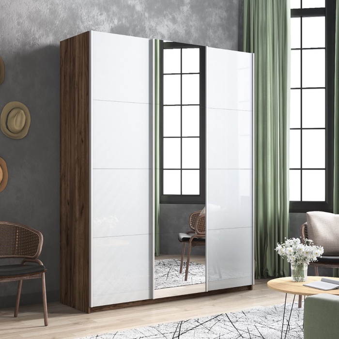 Шкаф-купе «Прайм», 2100×570×2300 мм, 3-х дверный, 2 белых стекла / зеркало,  дуб табачный - Фото 1