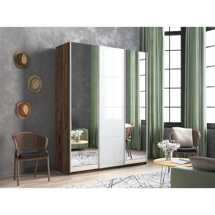 Шкаф-купе «Прайм», 1800×570×2300 мм, 3-х дверный, 2 зеркала / белое стекло, дуб табачный - Фото 1