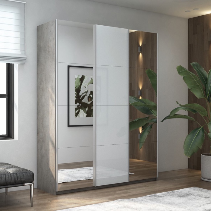 Шкаф-купе «Прайм», 2100×570×2300 мм, 3-х дверный, 2 зеркало / белое стекло, цвет бетон - Фото 1