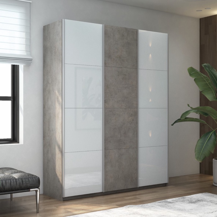 Шкаф-купе «Прайм», 1800×570×2300 мм, 3-х дверный, 2 белое стекло / лдсп, цвет бетон - Фото 1