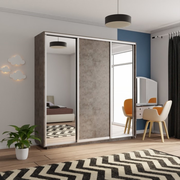 Шкаф купе трехдверный «Экспресс», с зеркалом, 2100×600×2200 мм, ЛДСП, цвет бетон - Фото 1