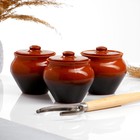 Горшочки для запекания Вятская керамика «Трио», набор 3 шт., ухват, 500 мл, коричневые - Фото 1