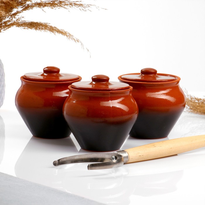 Горшочки для запекания Вятская керамика «Трио», набор 3 шт., ухват, 500 мл, коричневые - Фото 1