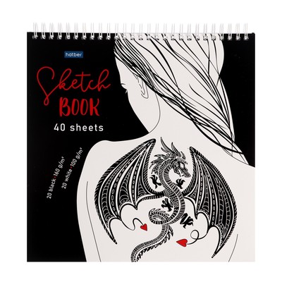 Скетчбук 240×240 мм, 40 листов чёрная бумага, 20 листов белая бумага, на гребне «Девушка с татуировкой дракона», обложка мелованный картон, жёсткая подложка, блок 100/160 г/м²