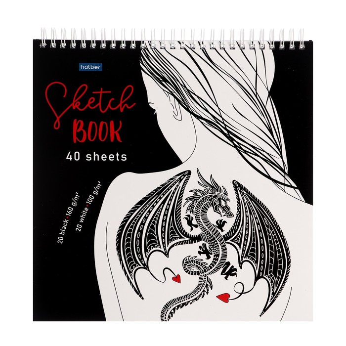 Скетчбук 240×240 мм, 40 листов чёрная бумага, 20 листов белая бумага, на гребне «Девушка с татуировкой дракона», обложка мелованный картон, жёсткая подложка, блок 100/160 г/м² - Фото 1