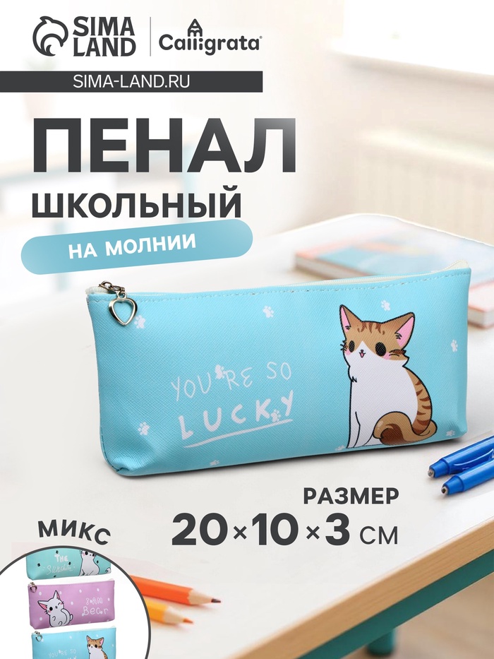 Пенал школьный на молнии Calligrata «Котик», 1 отделение, плоский, МИКС - Фото 1