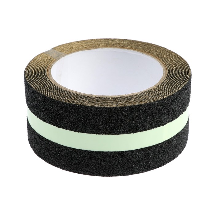 Лента клейкая ТУНДРА, противоскользящая, с фотолюминесцентной полосой, черная 50 мм × 5 м - Фото 1