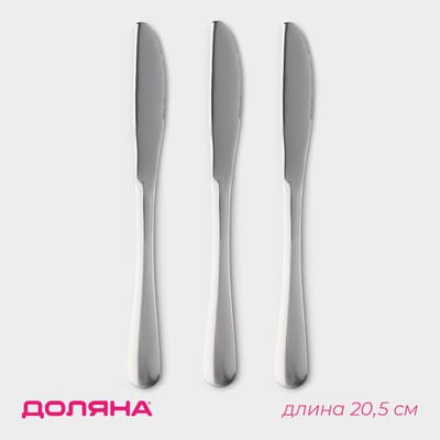 Набор ножей десертных из нержавеющей стали Доляна, h=20,5 см, толщина рабочей части 2,2 мм, толщина ручки 5 мм, 410 сталь, 3 шт