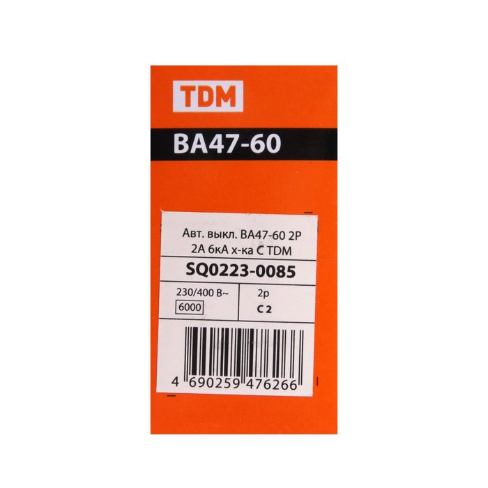 Выключатель автоматический TDM ВА47-60, 2п, 2 А, 6 кА, C, SQ0223-0085 - фото 18563337 Выключатель автоматический TDM ВА47-60, 2п, 2 А, 6 кА, C, SQ0223-0085 - фото 18563337