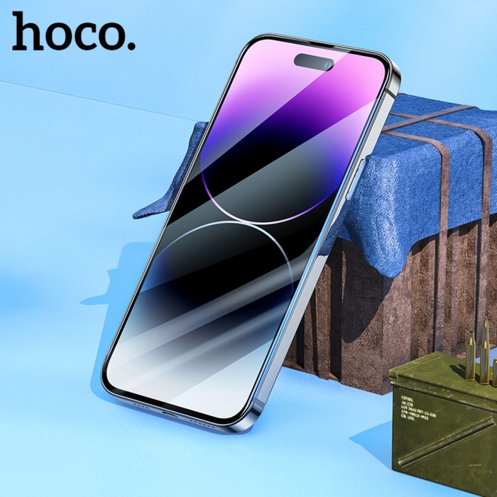 Защитное стекло Hoco для iPhone 14 Pro, с рамкой для установки, полный клей, 0.33 мм, 9H - фото 51324918