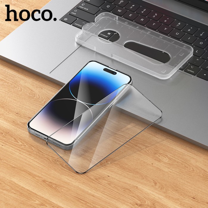 Защитное стекло Hoco для iPhone 14 Pro Max, с рамкой для установки, полный клей, 0.33 мм - фото 51324922