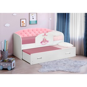 Кровать выдвижная с мягкой спинкой, 80 × 190 cм, белый / велюр 336 / бортик с фотопечатью