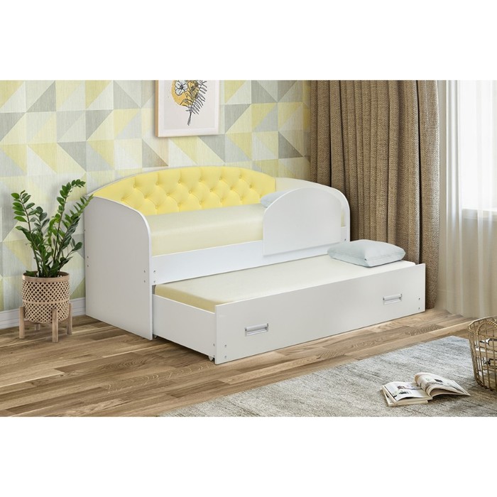 Кровать выдвижная с мягкой спинкой и с бортом, 800 × 1900 мм, цвет белый / велюр 338 - Фото 1