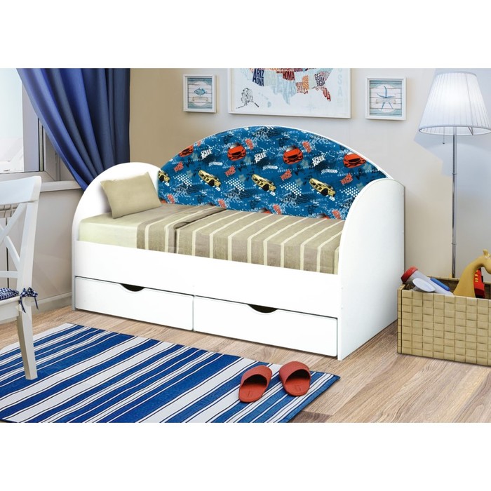 Кровать детская с мягкой спинкой «Софа №11», 800 × 1600 мм, цвет белый / гонщик - фото 1909092154