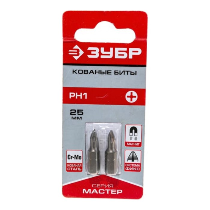 Биты ЗУБР 26001-1-25-2, кованые, CrMo, хвостовик C 1/4″, PH1 х 25 мм, 2 шт.