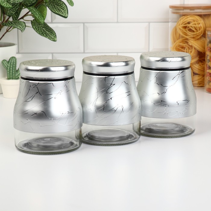 Набор банок стеклянных для сыпучих продуктов «Мрамор», 850 мл, 11,5×14,5 см, 3 шт, цвет серебряный - Фото 1