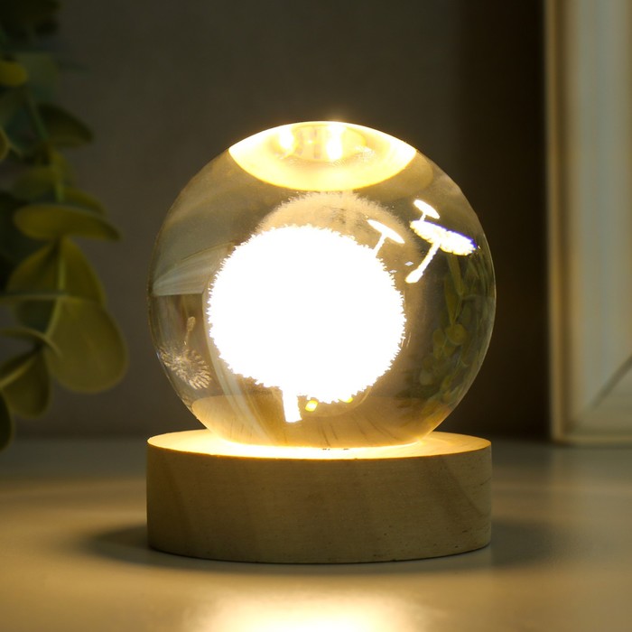 Сувенир стекло подсветка "Одуванчик" d=6 см подставка дерево, USB 6,5х6,5х7,5 см - Фото 1