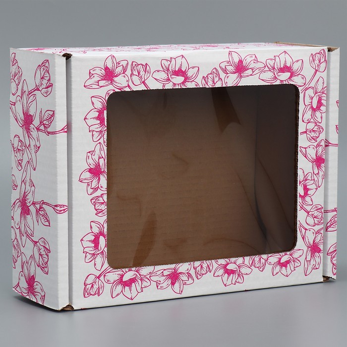 Коробка подарочная сборная с окном, упаковка, «Цветы», белый ,27х10х21 см - фото 1907633964