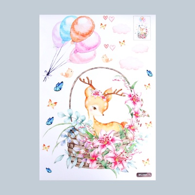 Наклейка интерьерная цветная «Оленёнок в корзине с цветами», пластик, 35×50 см