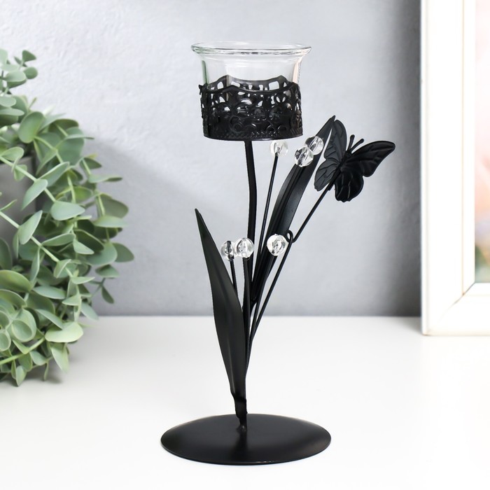 Подсвечник металл на 1 свечу "Бабочка с шариками-кристаллами" чёрный 8,5х8,5х22 см