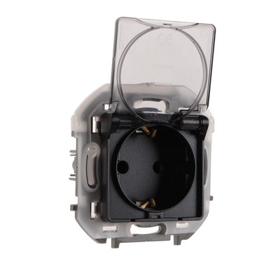 Розетка Legrand INSPIRIA, 250 В, 16 А, IP44, 2К+З, откидная крышка, шторки, антрацит