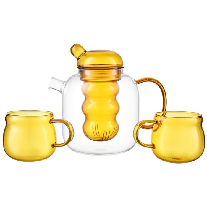 Чайник стеклянный с двумя чашками, цвет жёлтый, 1.2 л - Фото 1