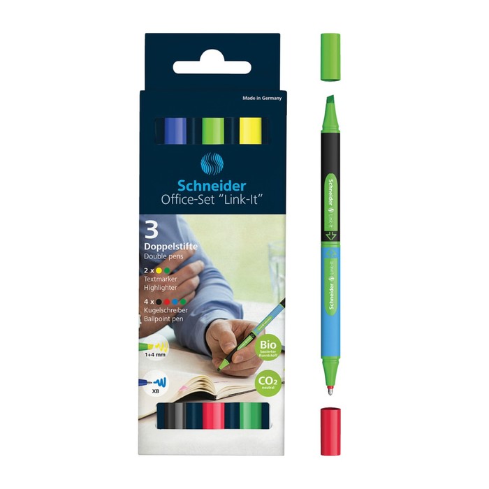 Набор двухсторонний, шариковая ручка + текстовыделитель Schneider "Link-It" 04цв., 1,4мм/4мм, картонная упаковка, европодвес - Фото 1