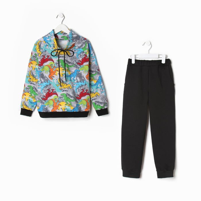 Костюм для мальчика (толстовка, брюки), цвет серый/дино, рост 110 см - Фото 1