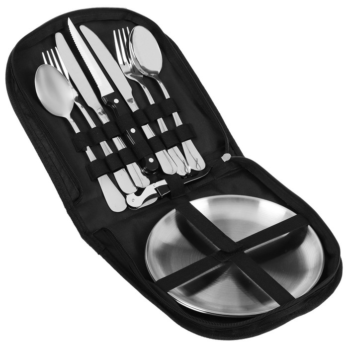 Набор для пикника Maclay: 3 ножа, 2 вилки, 2 ложки, 2 тарелки, открывашка - фото 1909096865