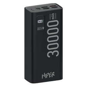 Внешний аккумулятор Hiper EP 30000, 30000 мАч, 3A, 4 USB, QC, PD, дисплей, черный 9502634