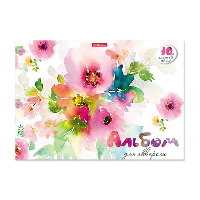 Альбом для акварели А4, 10 листов, блок 180 г/м², на клею, ErichKrause «Цветочная акварель», экстра белая, твердая подложка