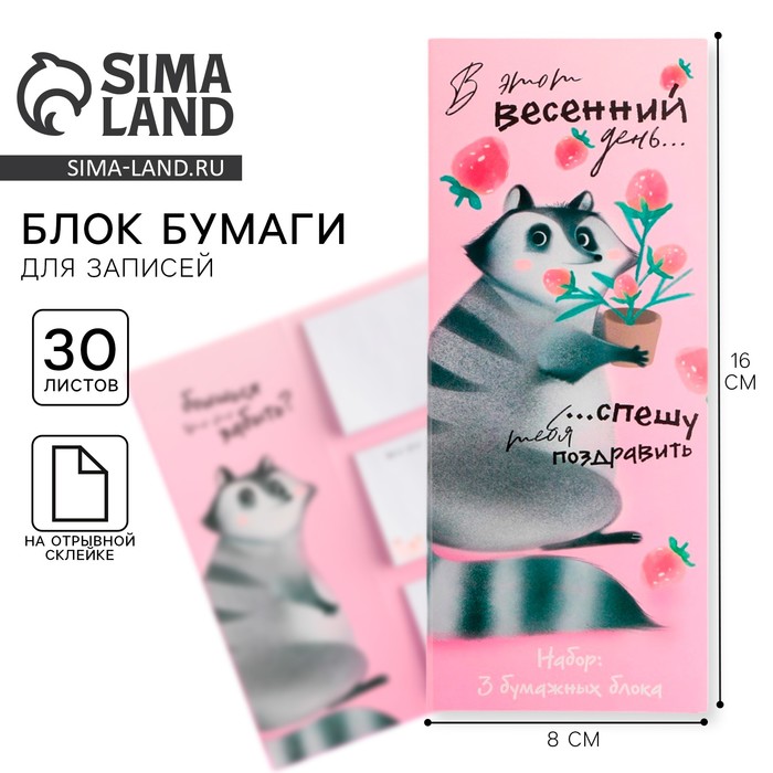 Блоки бумаги с отрывными листами, 30 л в открытке «8 марта: Енот» - Фото 1