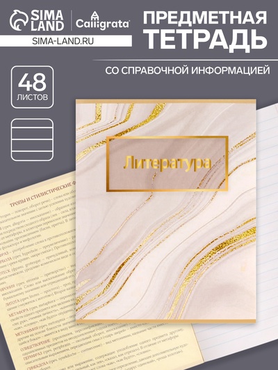 Предметная тетрадь по литературе Calligrata «Мрамор светлый», 48 листов, в линейку, со справочным материалом, обложка из мелованного картона, УФ-л...