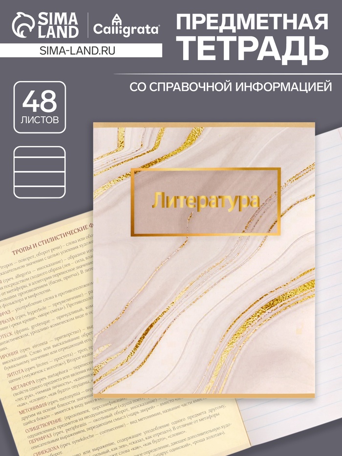 Предметная тетрадь по литературе Calligrata «Мрамор светлый», 48 листов, в линейку, со справочным материалом, обложка из мелованного картона - Фото 1