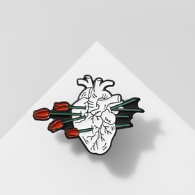 Значок "Сердце" с тюльпанами, цветной в чёрном металле