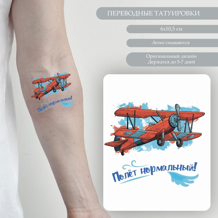 Татуировка на тело цветная двойная "Дирижабль и самолёт - Полёт нормальный!" 10,5х6 см - фото 1907640999